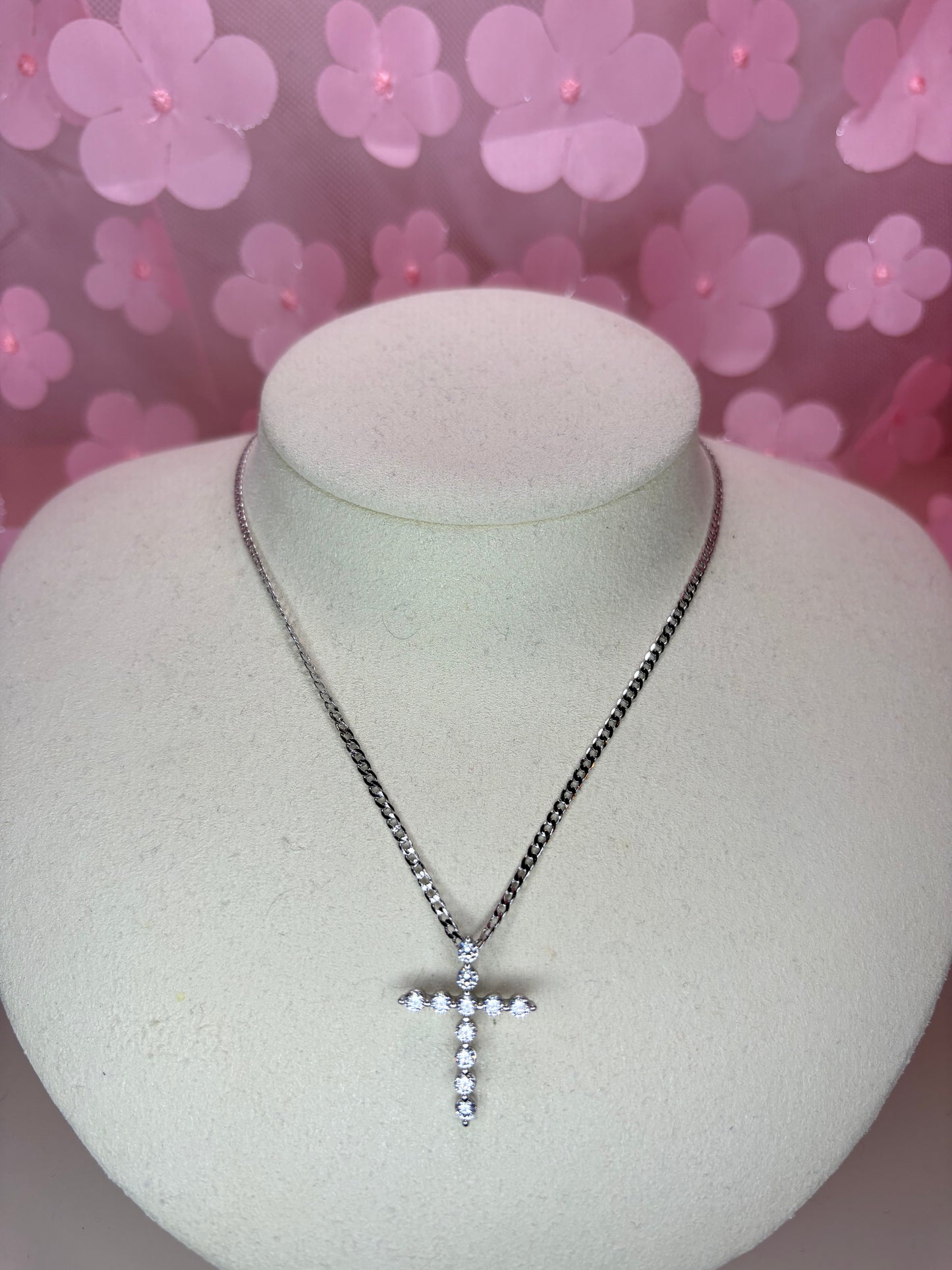 silver dainty embellished cross necklace