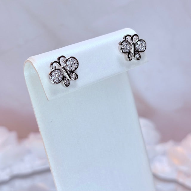 silver dainty butterfly sparkle stud earrings