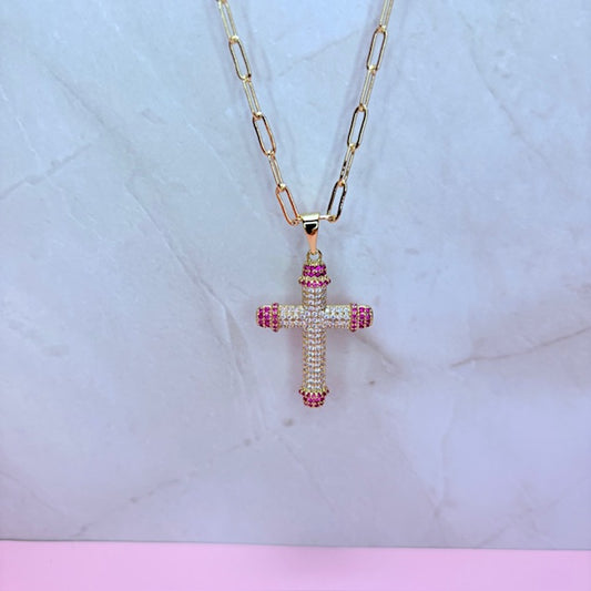 pink halo cross necklace