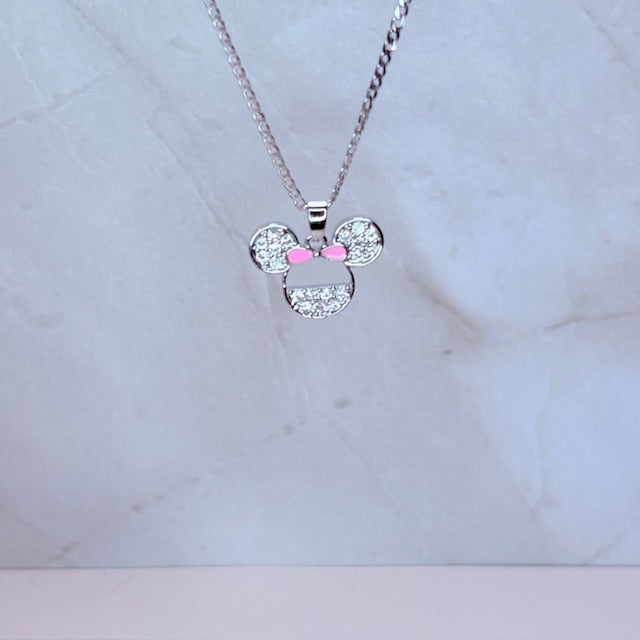 silver pink bow minnie necklace