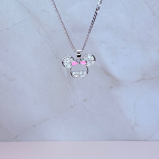 silver pink bow minnie necklace