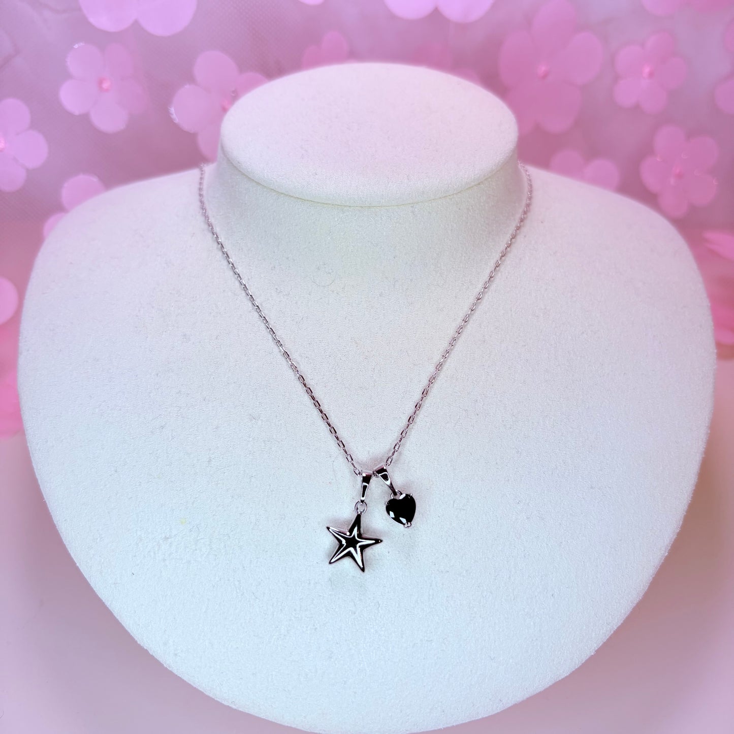 silver star & onyx heart necklace