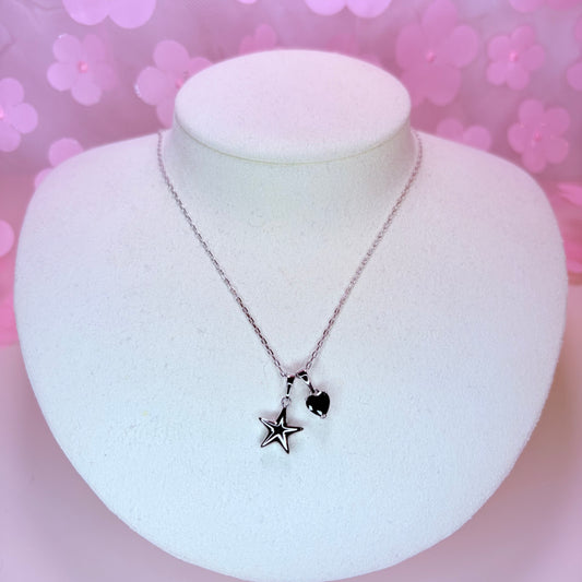 silver star & onyx heart necklace