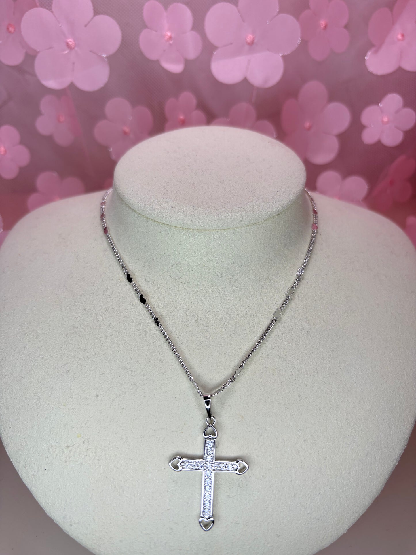 silver 4-heart silver cross necklace