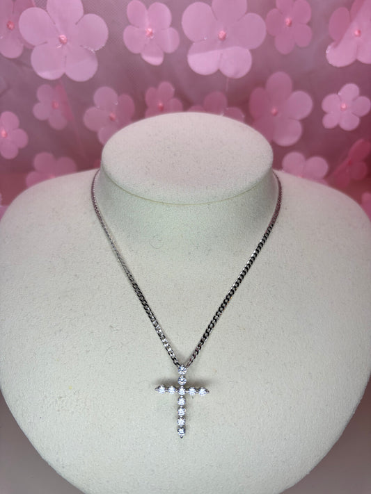 silver dainty embellished cross necklace
