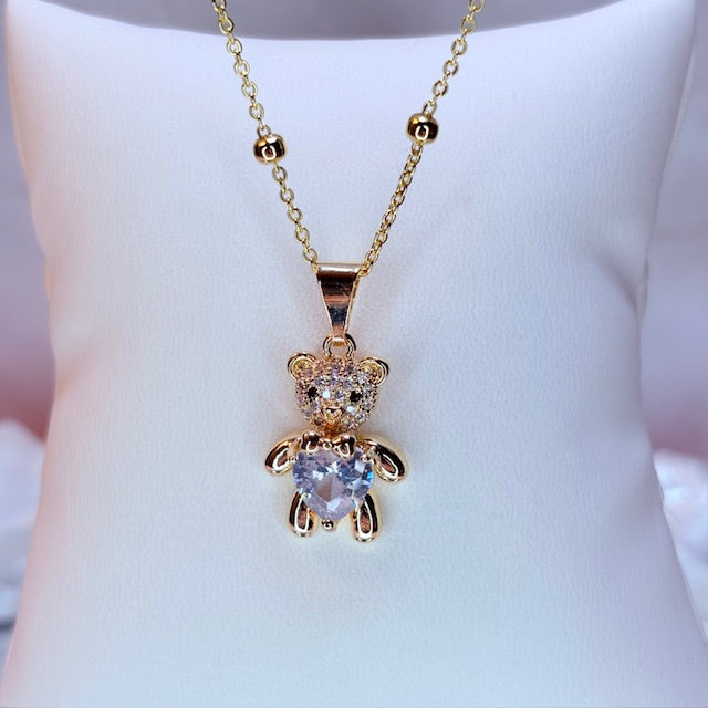 crystal heart bear necklace