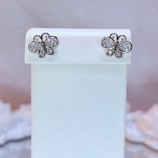 silver dainty butterfly sparkle stud earrings