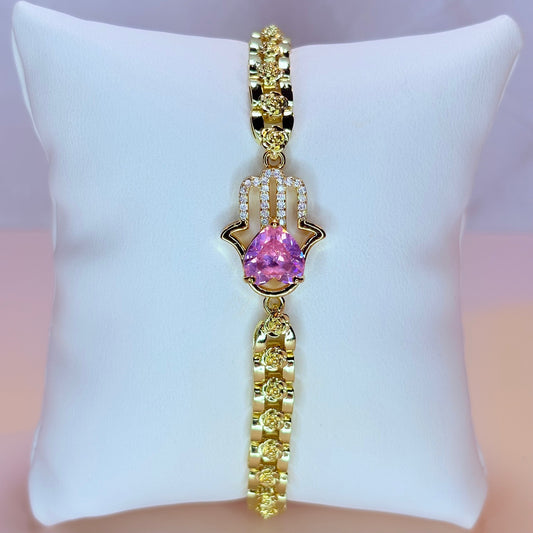 hand of fatima with pink heart bracelet