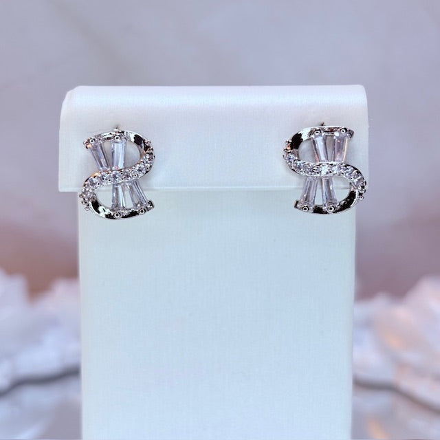 silver s-curve crystal earrings