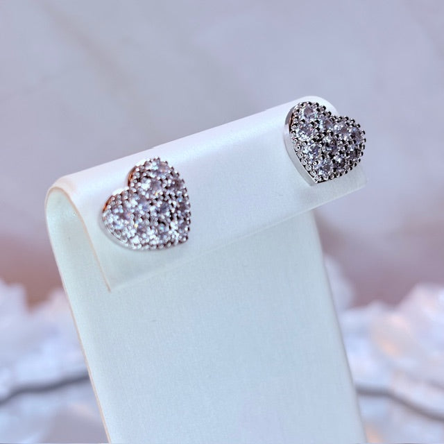 silver pave heart sparkle stud earrings