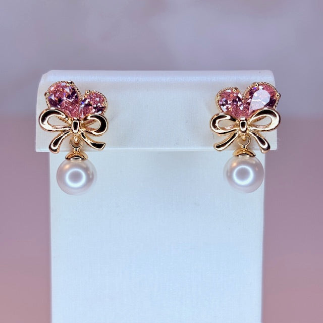 petite bow pearl with heart earrings
