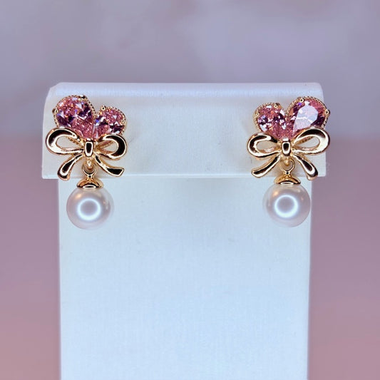 petite bow pearl with heart earrings