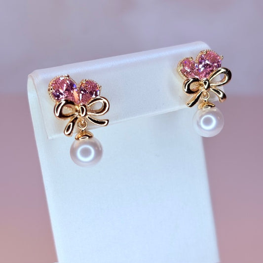 petite bow pearl with heart earrings