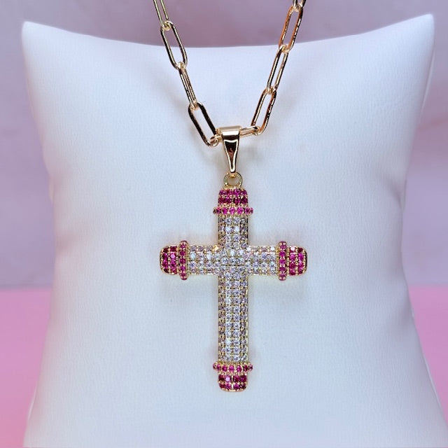 pink halo cross necklace