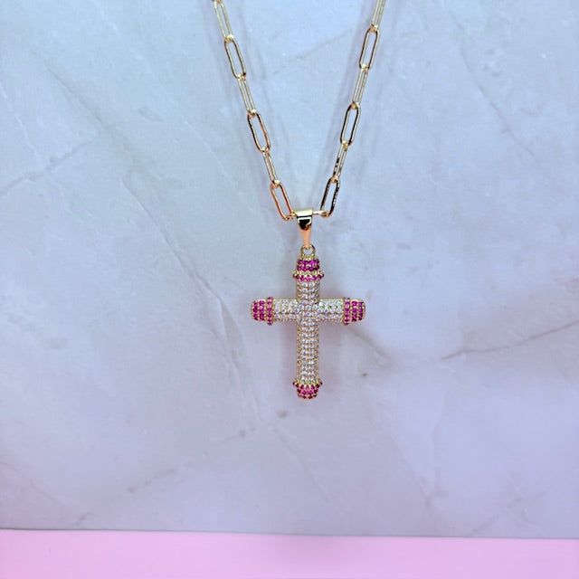 pink halo cross necklace