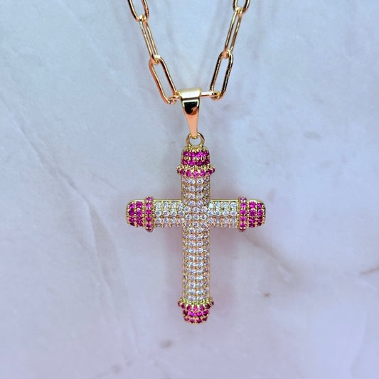 pink halo cross necklace
