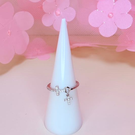 silver dainty drop cross ring