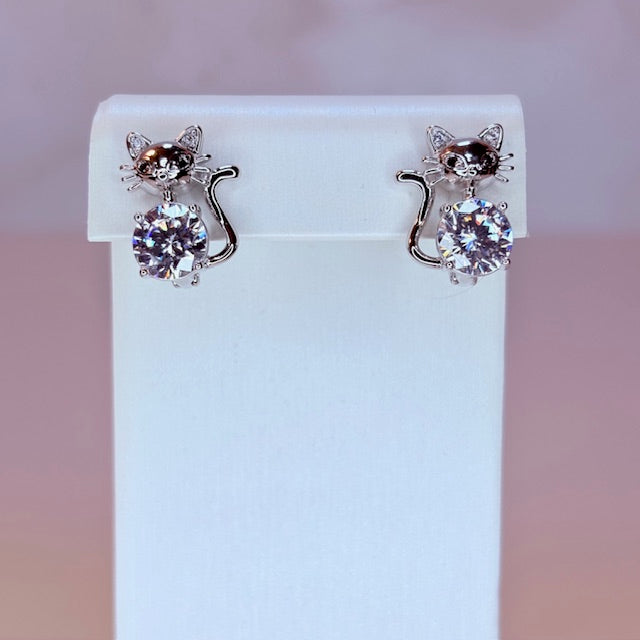 silver kitty earrings