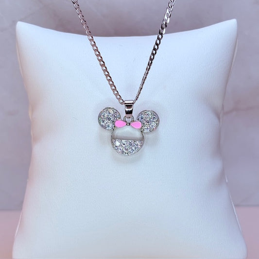 silver pink bow minnie necklace