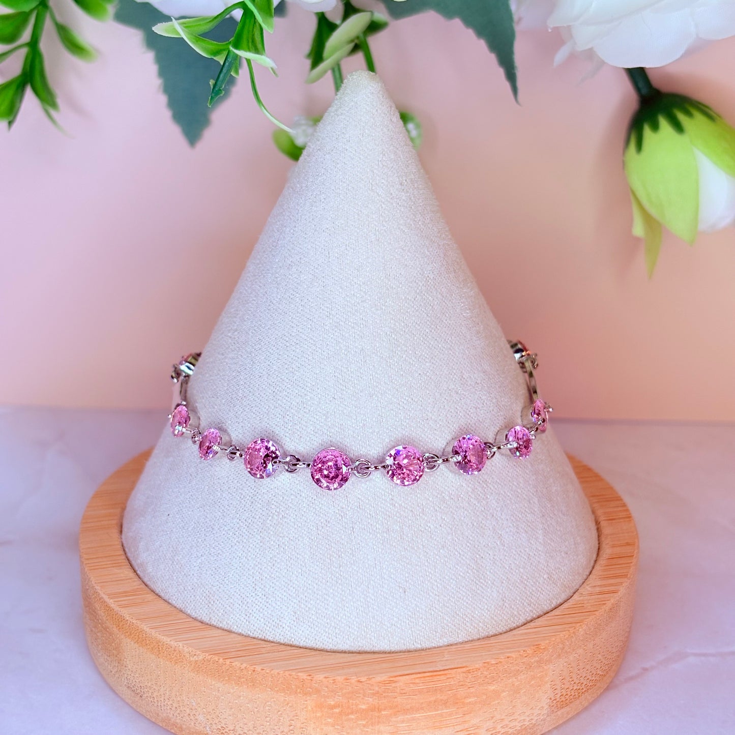 silver pink tennis style bracelet